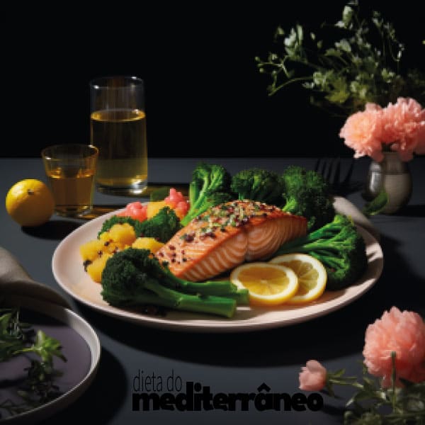 Uma cena vibrante de almoço mostrando salmão grelhado, quinoa e um acompanhamento de vegetais cozidos no vapor, demonstrando uma refeição balanceada