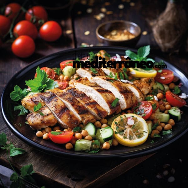 Uma imagem de um delicioso jantar mediterrâneo - frango grelhado com salada de grão de bico