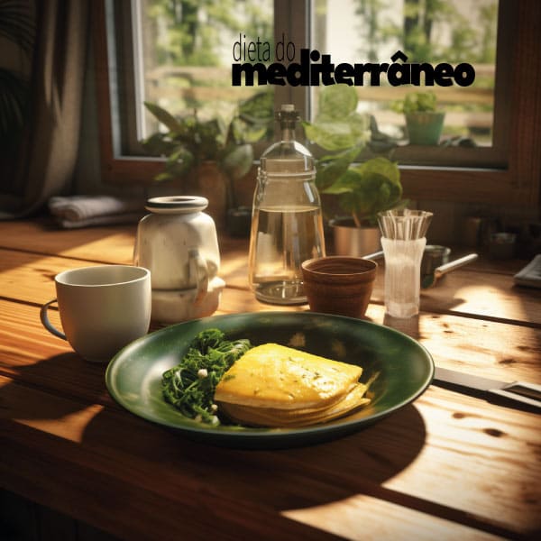 Uma mesa de café da manhã com omelete de espinafre e queijo, apresentando um ambiente tranquilo e acolhedor.