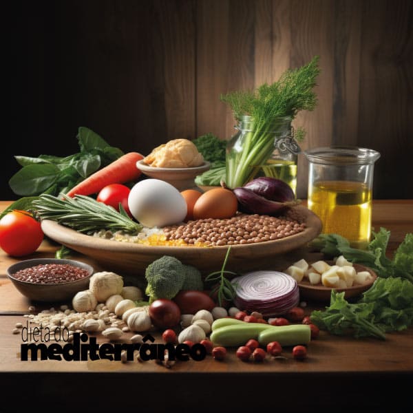 Uma cena de culinária vegetariana mostrando uma mistura de vegetais crus, legumes, grãos e ovos prontos para serem preparados em uma refeição ovo vegetariana.