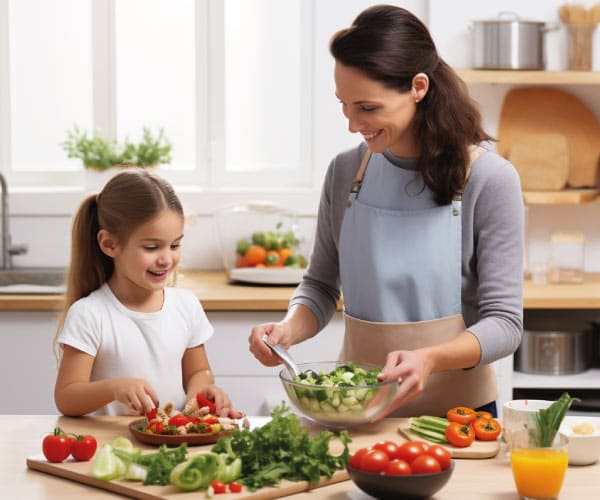 Uma cozinha onde uma menina está ajudandoa mãe a preparar um lanche saudável. A criança está cortando frutas sob a supervisão do adulto, e há uma tigela de salada ao lado
